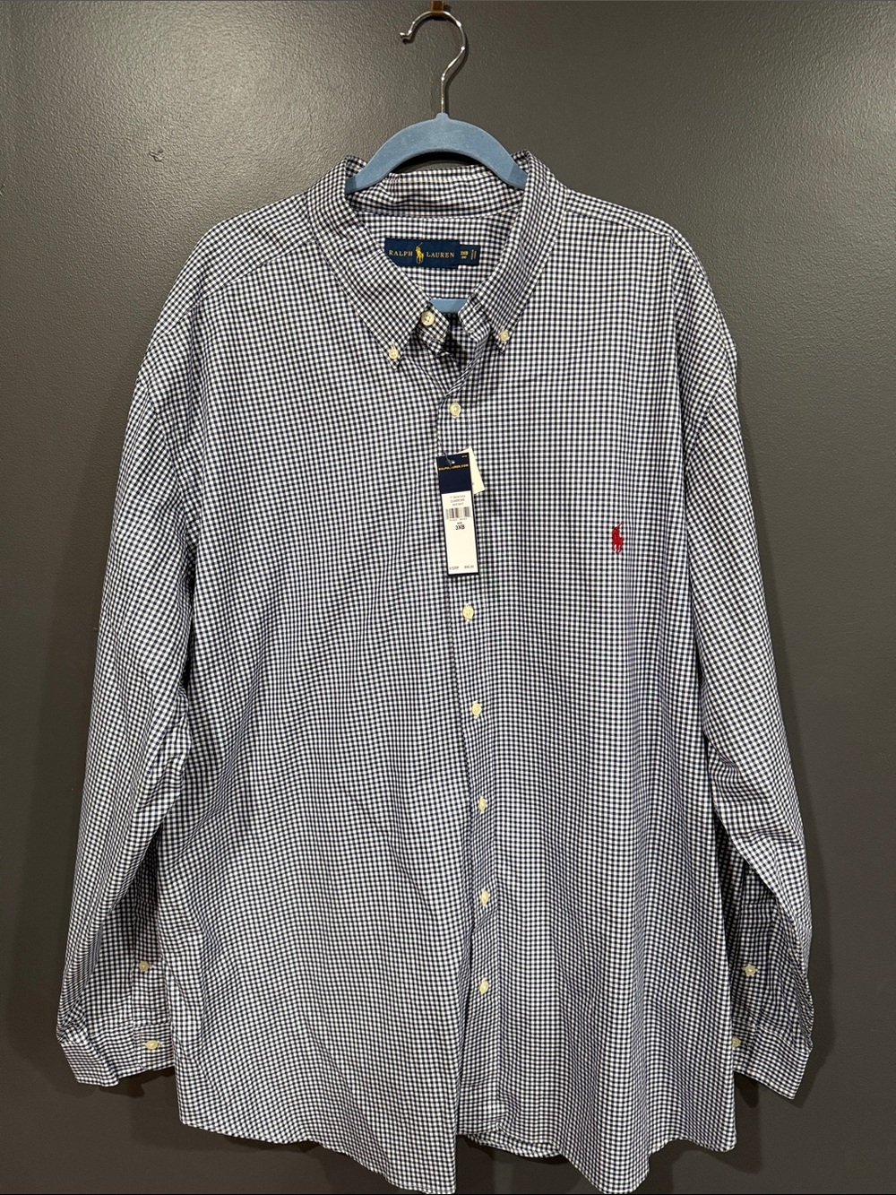 Ralph Lauren Navy and White Gingham Button-Down Shirt with Red Pony